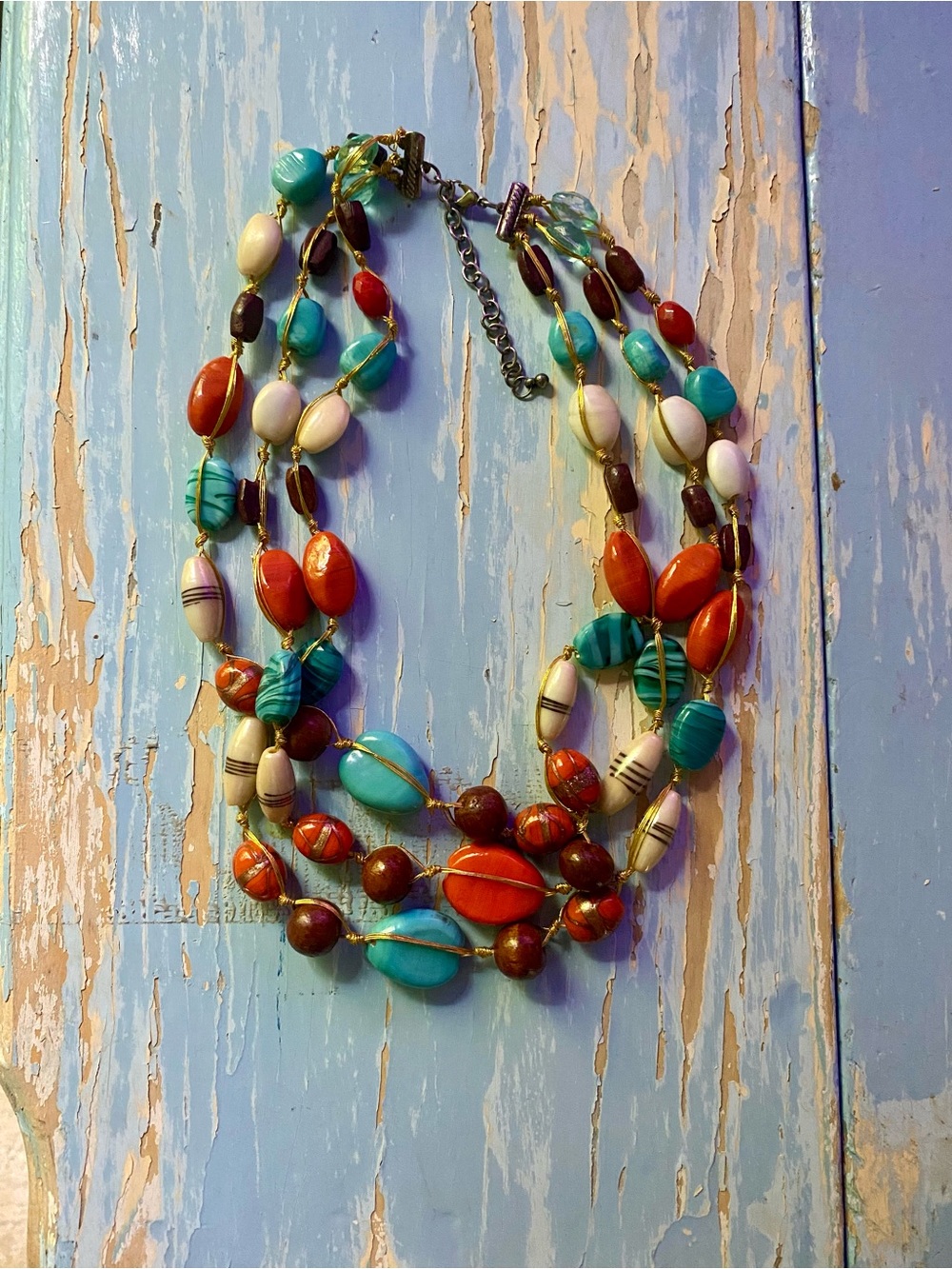 Multicolor Beaded Statement Necklace - Turquoise, Red, Cream, Brown